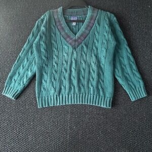 Gap Vintage Mens XL Green Cable Knit Cotton V-Neck Sweater Plaid Trim